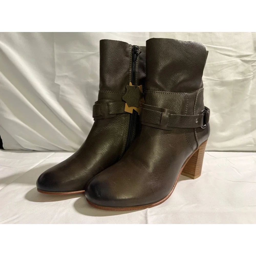Oobash Women Olive Green Leather Harness Ankle Boots Handcrafted Block Heel 9